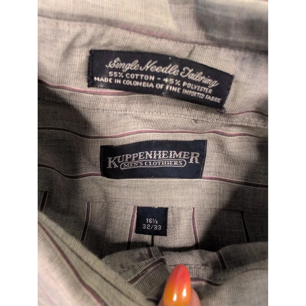 Kuppenheimer Mens Striped Button Down Shirt Grey Burgundy Long Sleeve 16.5 32/33